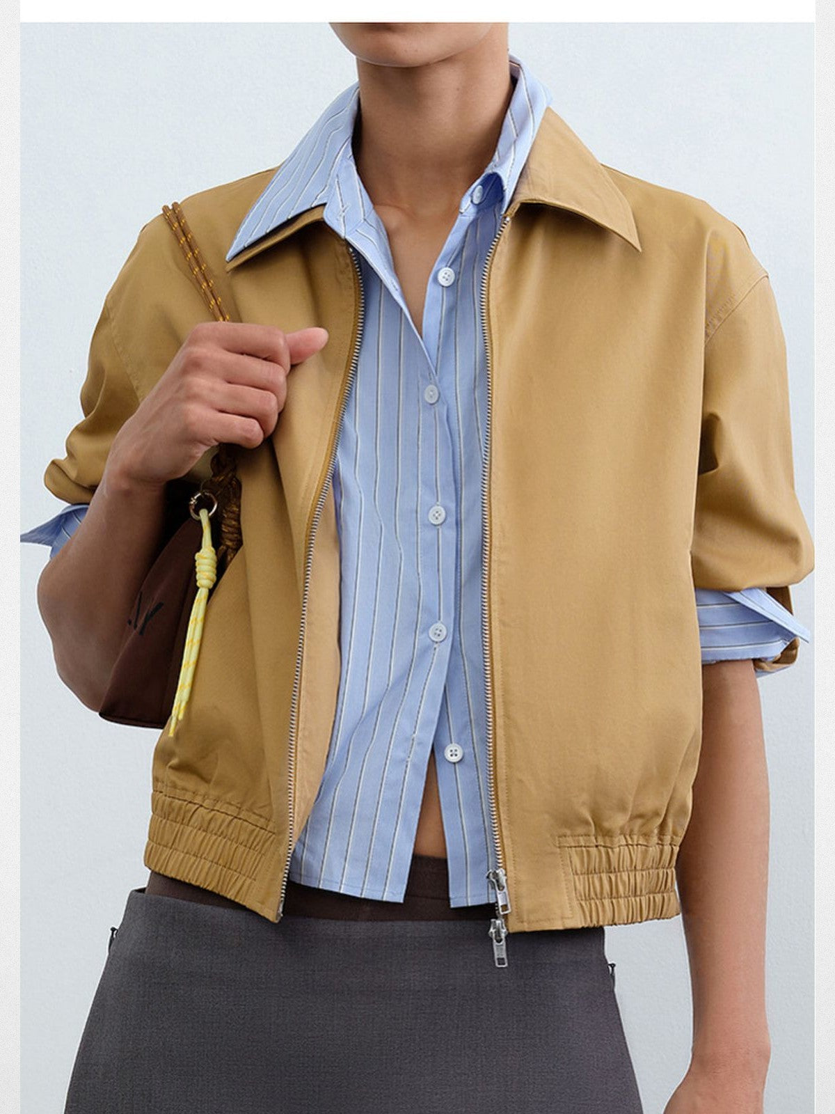 RARELY ALIKE Faux Two Piece Striped Collar Jacket in Beige - On Model