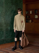 NANS Oversized Shirt with Leather Patch in Beige - On Male Model