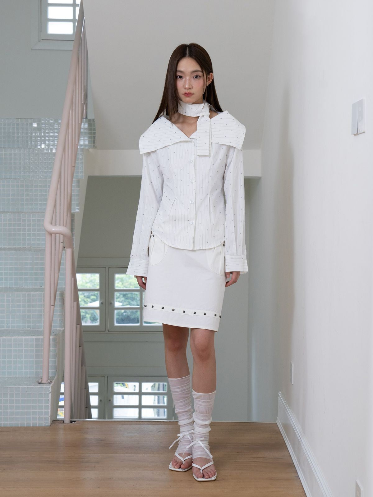 THELIGHT OFFICIAL Striped Dotted Shirt with Neck Scarf in White - On Model