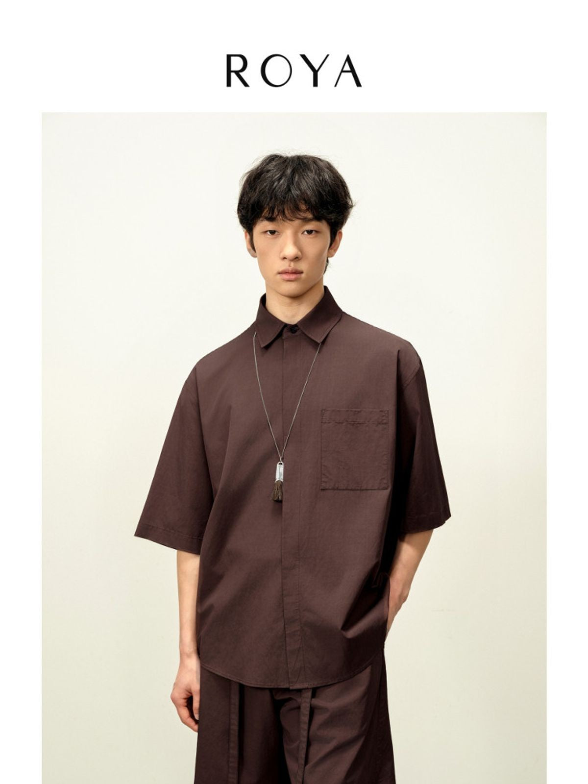 ROYA Silk Blend Hidden Placket Shirt in Brown - On Model