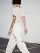 RandomPiece Asymmetric Ruched Silk Blend Tee in Gray - On Model