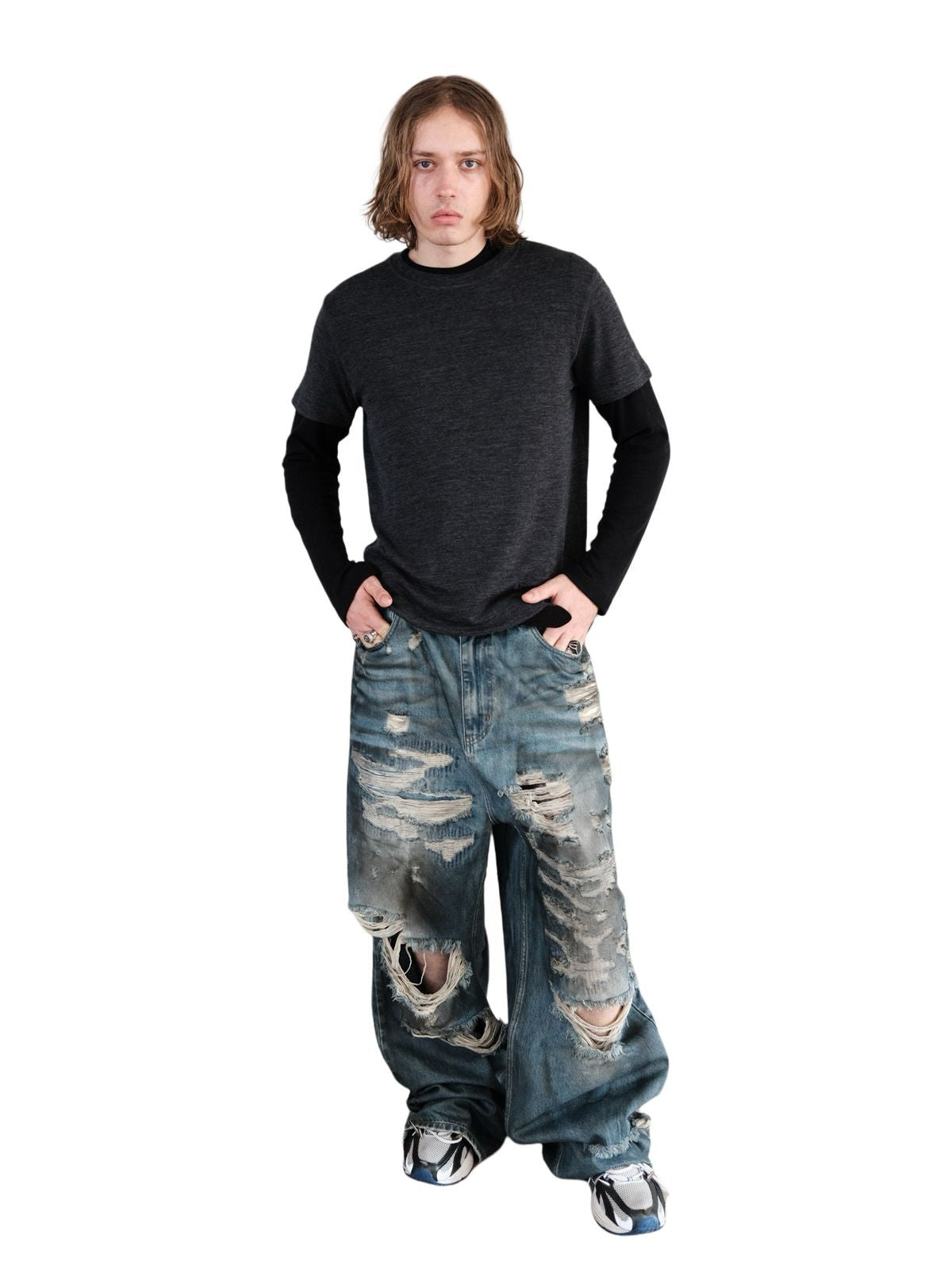 UNKNOWNWORLD Distressed Boro Mud Dyed Jeans in Denim - On Model