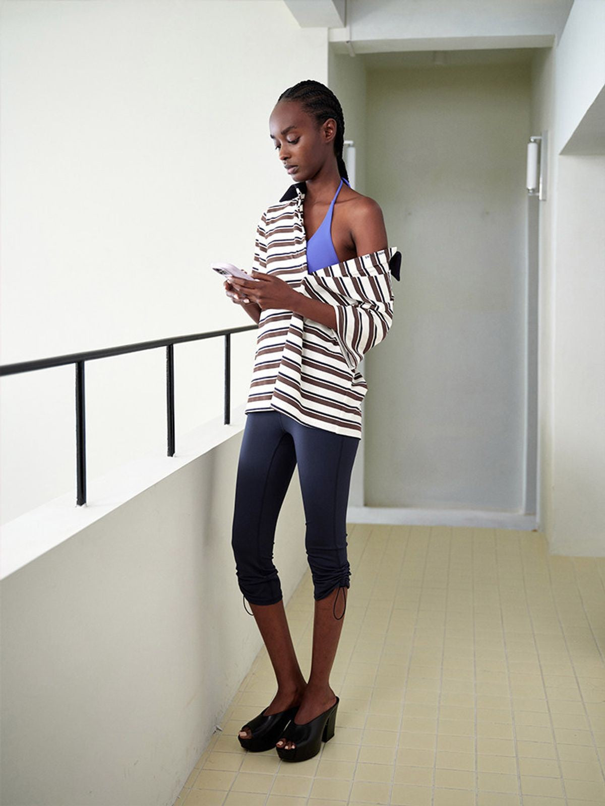 RARELY ALIKE Striped Cotton Blend Polo Shirt in White - On Model