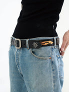 SWFI Flame Carved Studded Leather Belt in Black