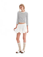 PUKI Striped Half Sleeve Cropped T Shirt in White - On Model