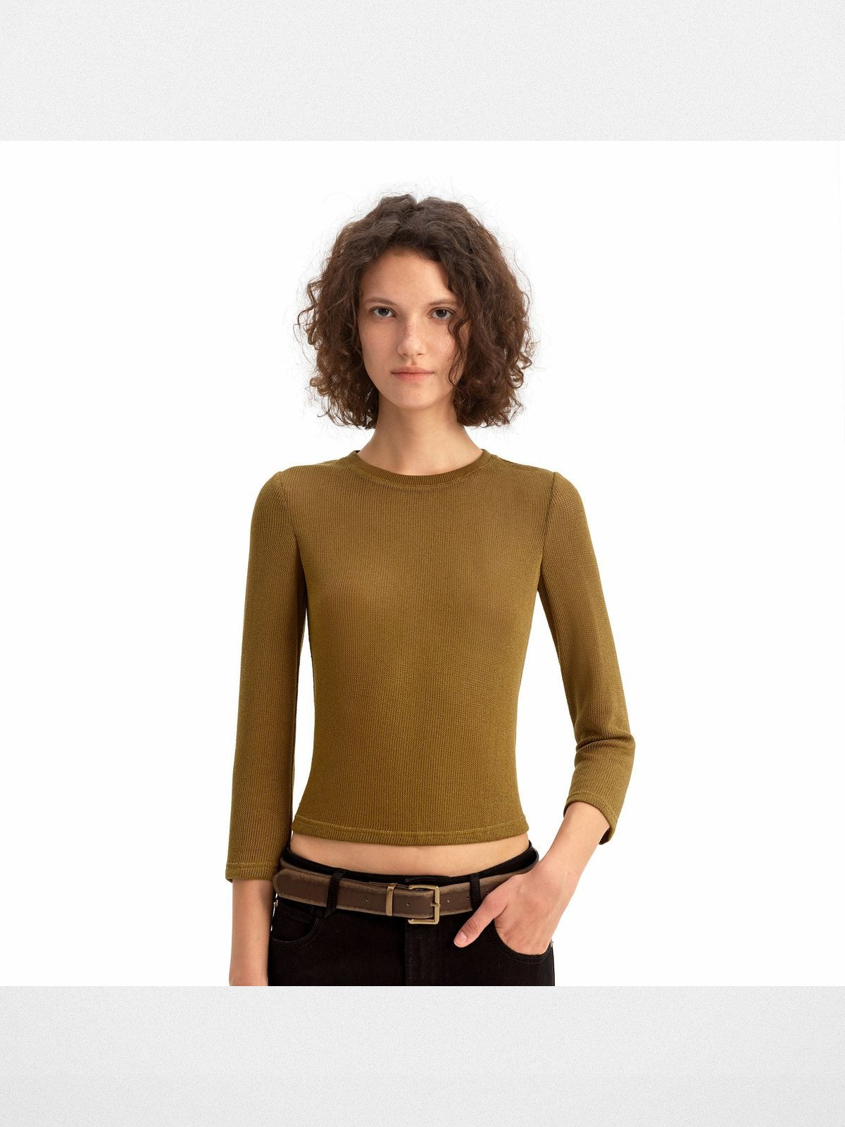 PUKI Textured Half Sleeve Cropped Top in Olive - On Model