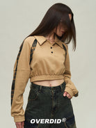 Amee Cropped Plaid Panel Sweatshirt in Mustard - On Model