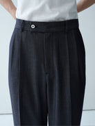 ROYA Pleated Silk Blend Denim Trousers in Blue - On Female Model