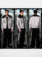 CFIERCE Thorn Stripe Fur Collar Jacket in White - On Male Model