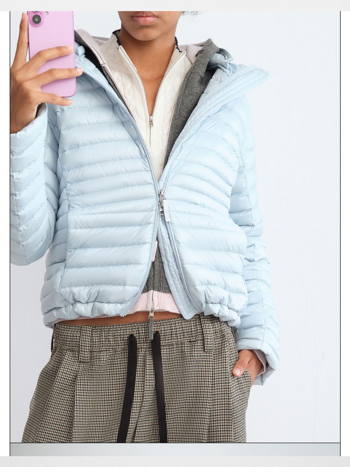 RARELY ALIKE Detachable Hood Down Puffer in Sky Blue - On Model