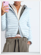 RARELY ALIKE Detachable Hood Down Puffer in Sky Blue - On Model
