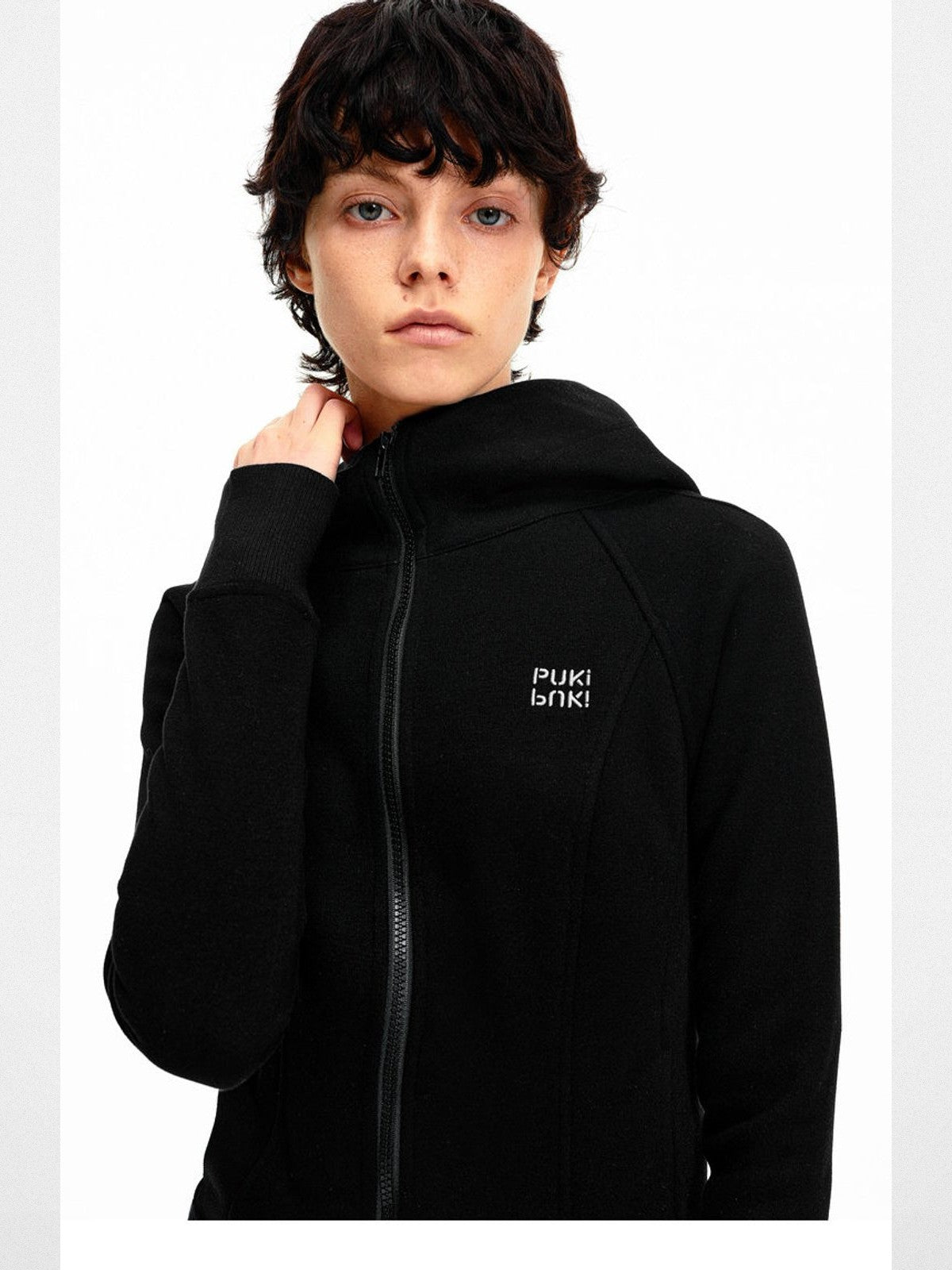 PUKI Panelled Zip Up Hoodie in Black - On Model