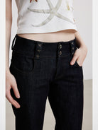 THELIGHT OFFICIAL Star Pattern Raw Denim Micro Flare Jeans in Navy - On Model