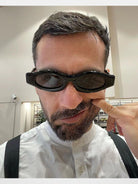 FUTURE UPDATE Sculptural Cat Eye Sunglasses in Black - On Male Model