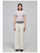 Simple Project Crinkled Straight Leg Trousers in White - On Female Model