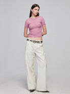 Simple Project Distressed Ribbed Knit Top in Lavender - On Model