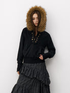 THELIGHT OFFICIAL Detachable Fur Collar Ruffle Jacket in Gray - On Model