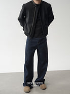 Roolrren Homme Leather Collar Wool Blend Jacket in Black - On Model