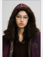 MASONPRINCE Faux Fur Hooded Puffer Bomber in Burgundy - On Female Model