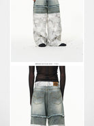 BLINDNOPLAN Double Layer Camo Spliced Jeans in Blue - On Model