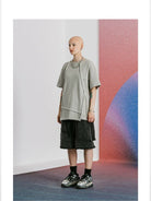 LOSTCTRL Raw Edge Panel Sweat Shorts in Gray - On Female Model