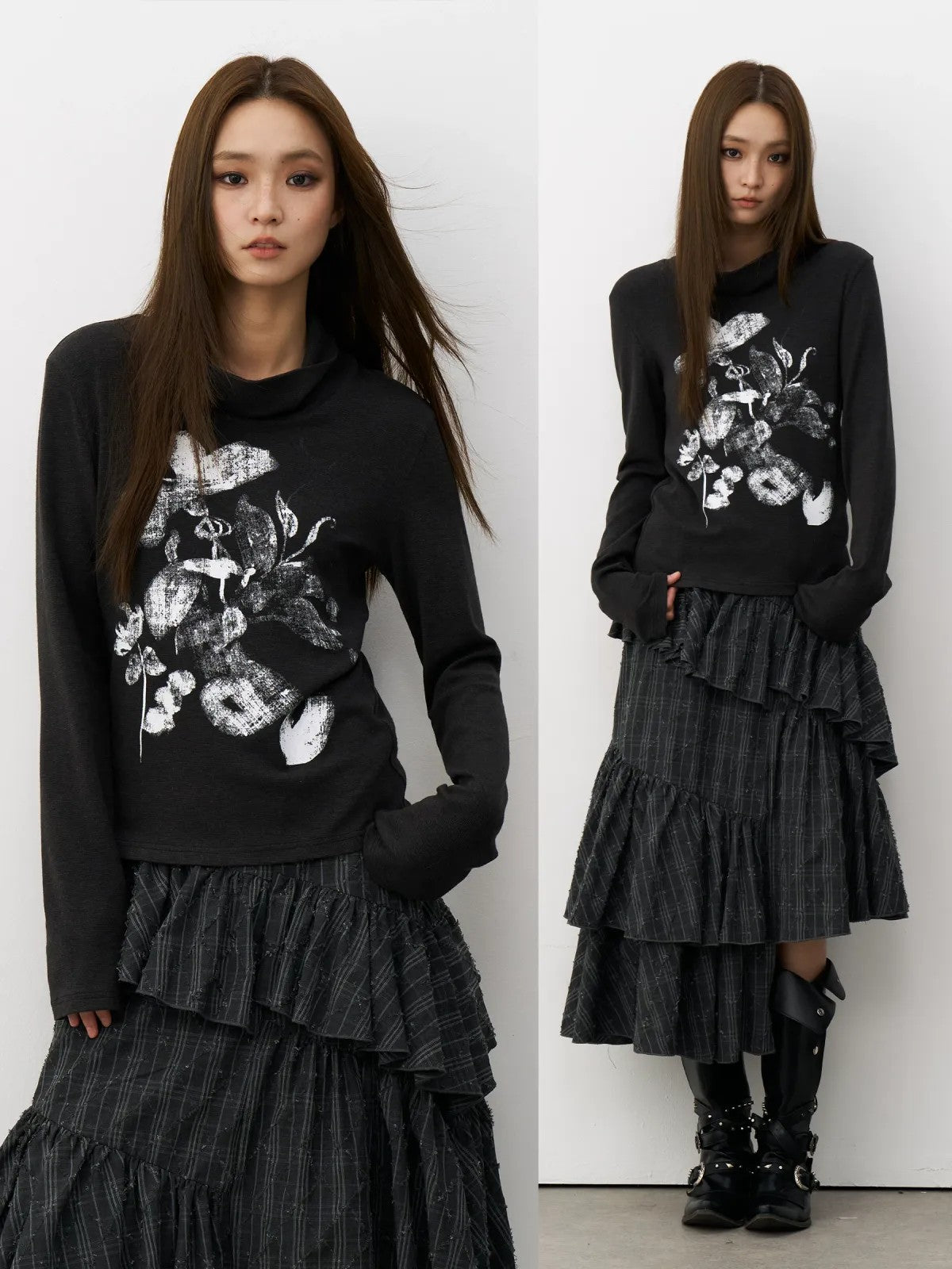 THELIGHT OFFICIAL Ink Wash Floral High Neck Top in Gray - On Model