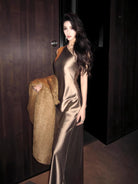 1S STUDIO One Shoulder Acetate Satin Dress in Gray - On Model