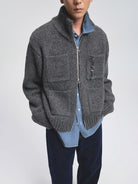 NANS Heavyweight Alpaca Blend Zip Cardigan in Gray - On Model