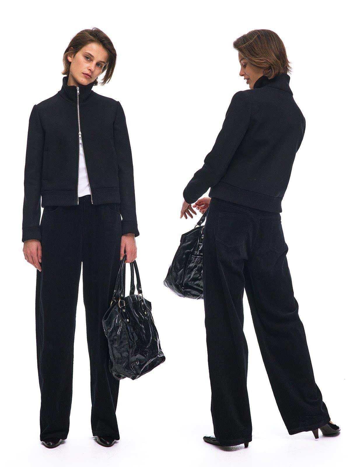 Alright then Lamb Wool Blend Double Zip Jacket in Black - On Model