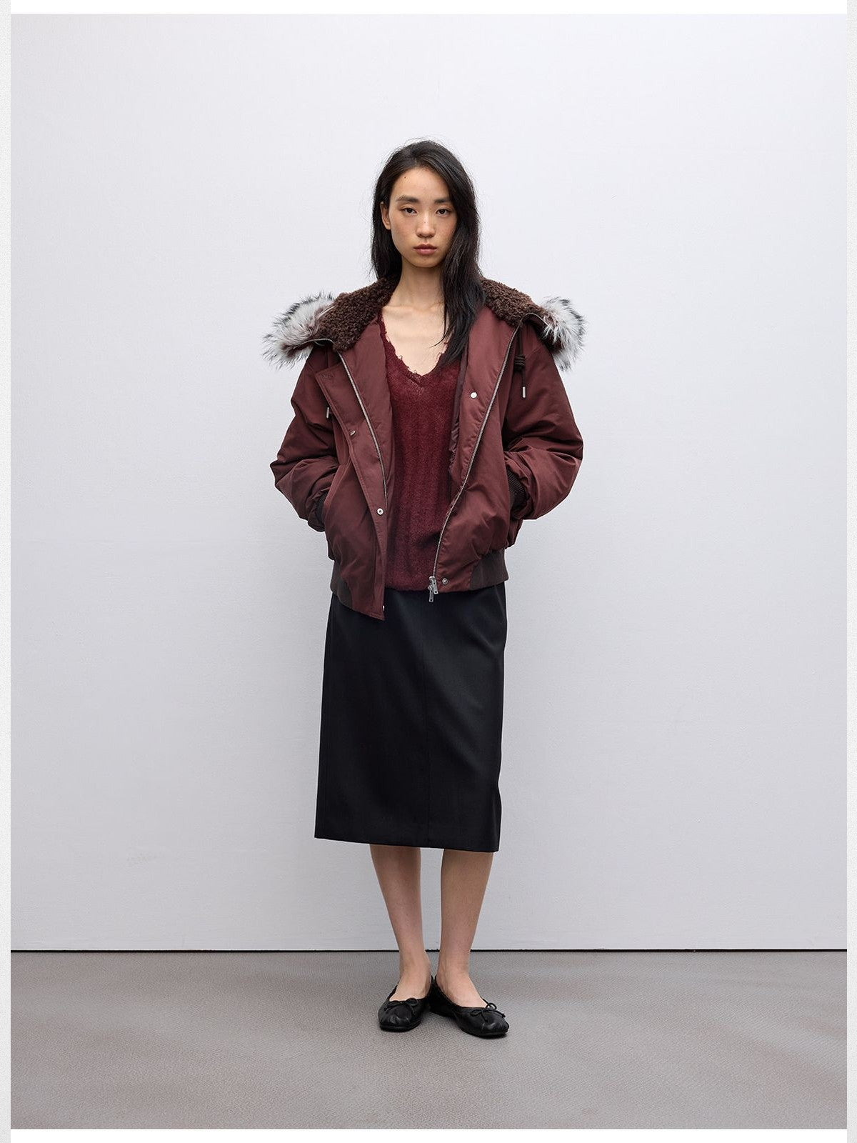 RandomPiece Short Hooded Duck Down Bomber in Burgundy - On Model