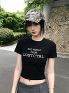 LOSTCTRL Cross Stitch Logo Cropped Tee in Black - On Model