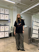 NeverSeez Spliced Wide Leg Cargo Pants in Green - On Female Model