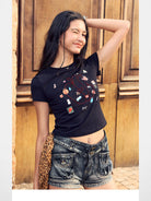 BeerBro Embroidered Apple Crop Tee in Black - On Model