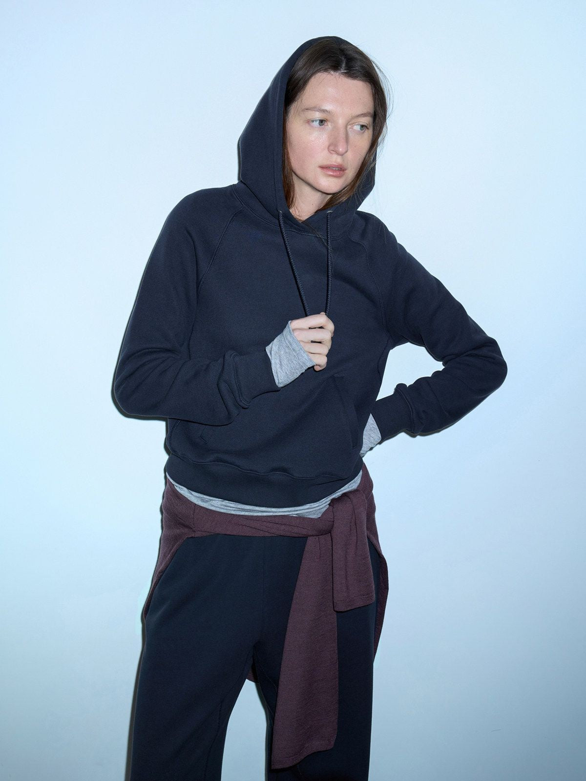 RandomPiece Cropped Cotton Lyocell Hoodie in Navy Blue - On Model