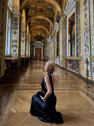 1S STUDIO Mesh Cutout Ruffle Halter Dress in Black - On Model