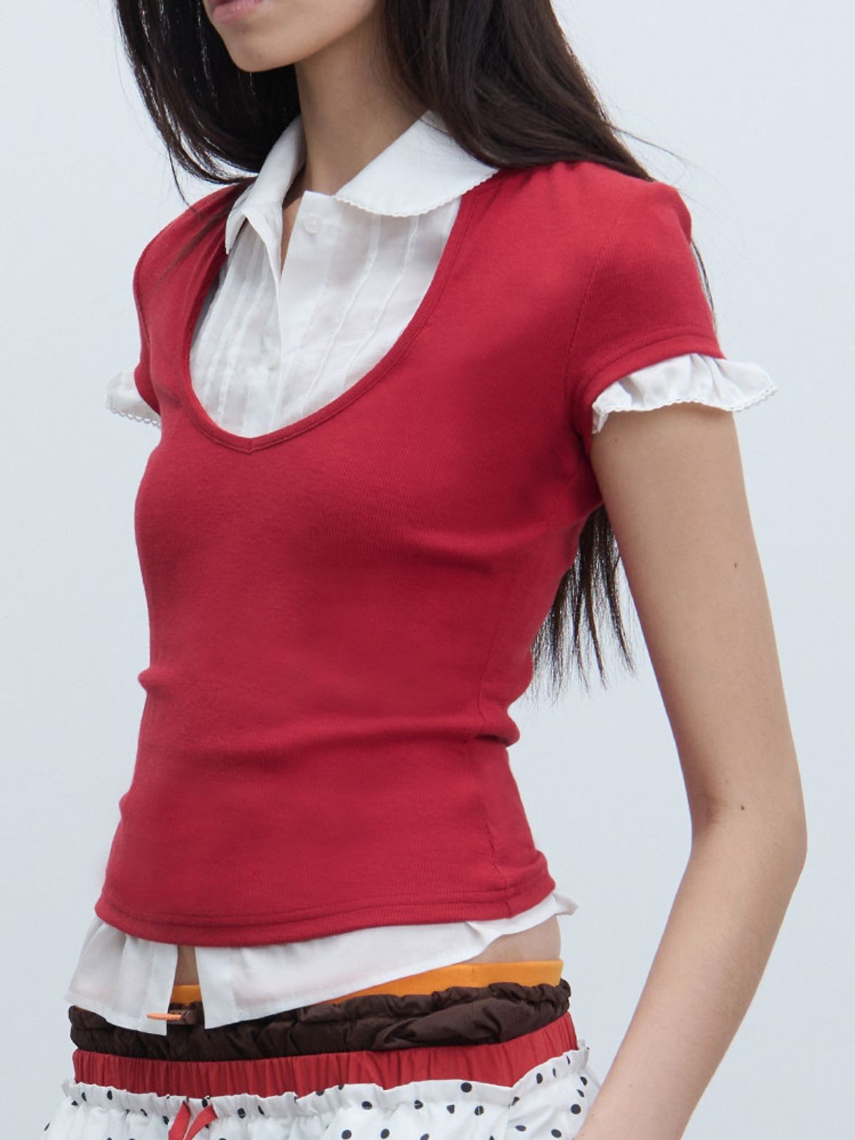 RARELY ALIKE Cup Neck Fitted T Shirt in Red - On Model