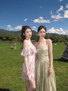 1S Studio Asymmetric Floral Ruffle Dress in Purple - On Model