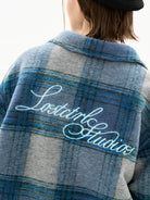 LOSTCTRL Brushed Plaid Shirt Jacket in Blue - On Model