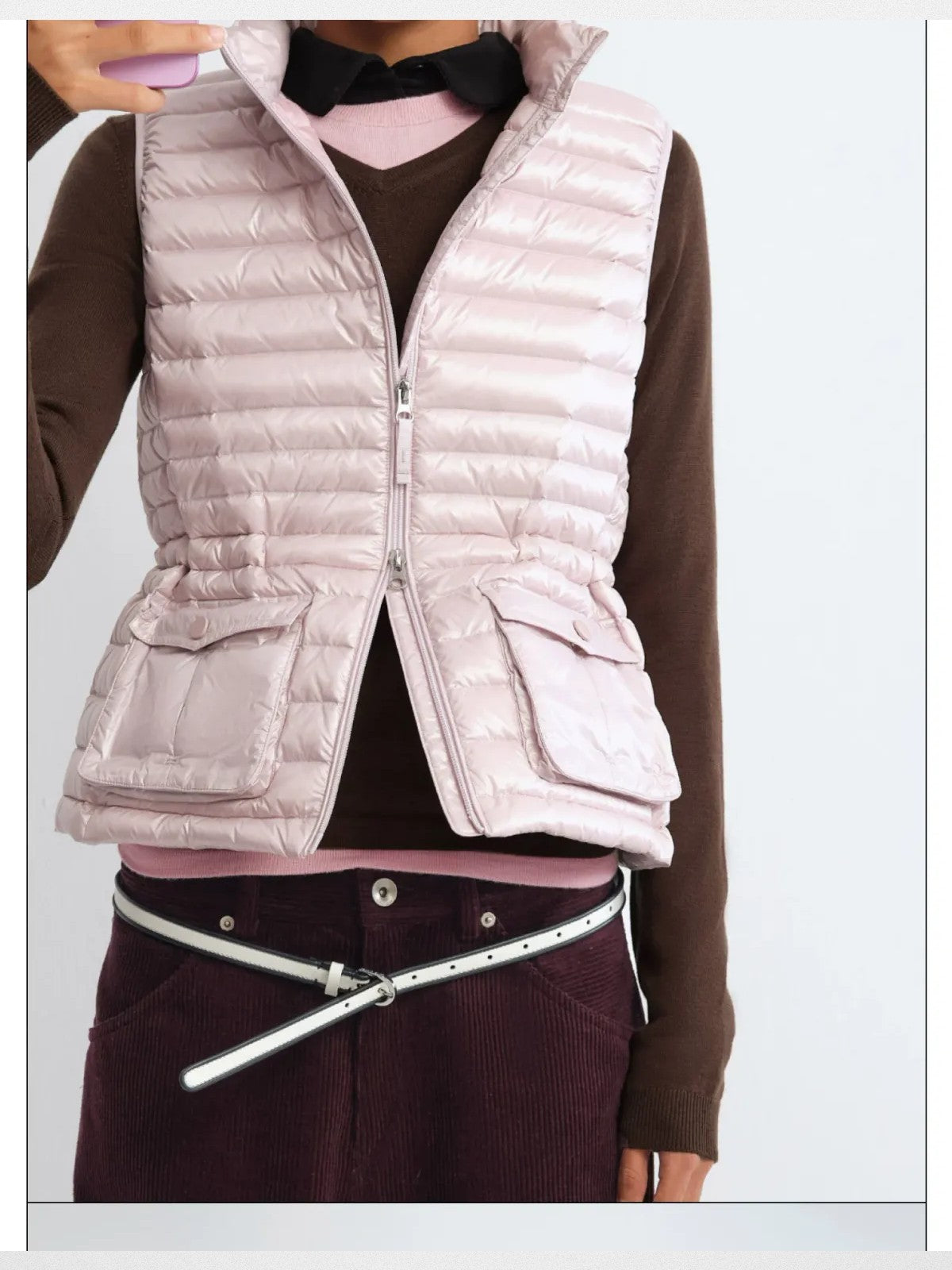 RARELY ALIKE Cinched Waist Down Vest in Pink - On Model