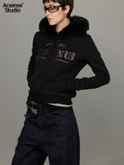 ACSENSE STUDIO Embroidered Faux Fur Zip Hoodie in Black - On Model