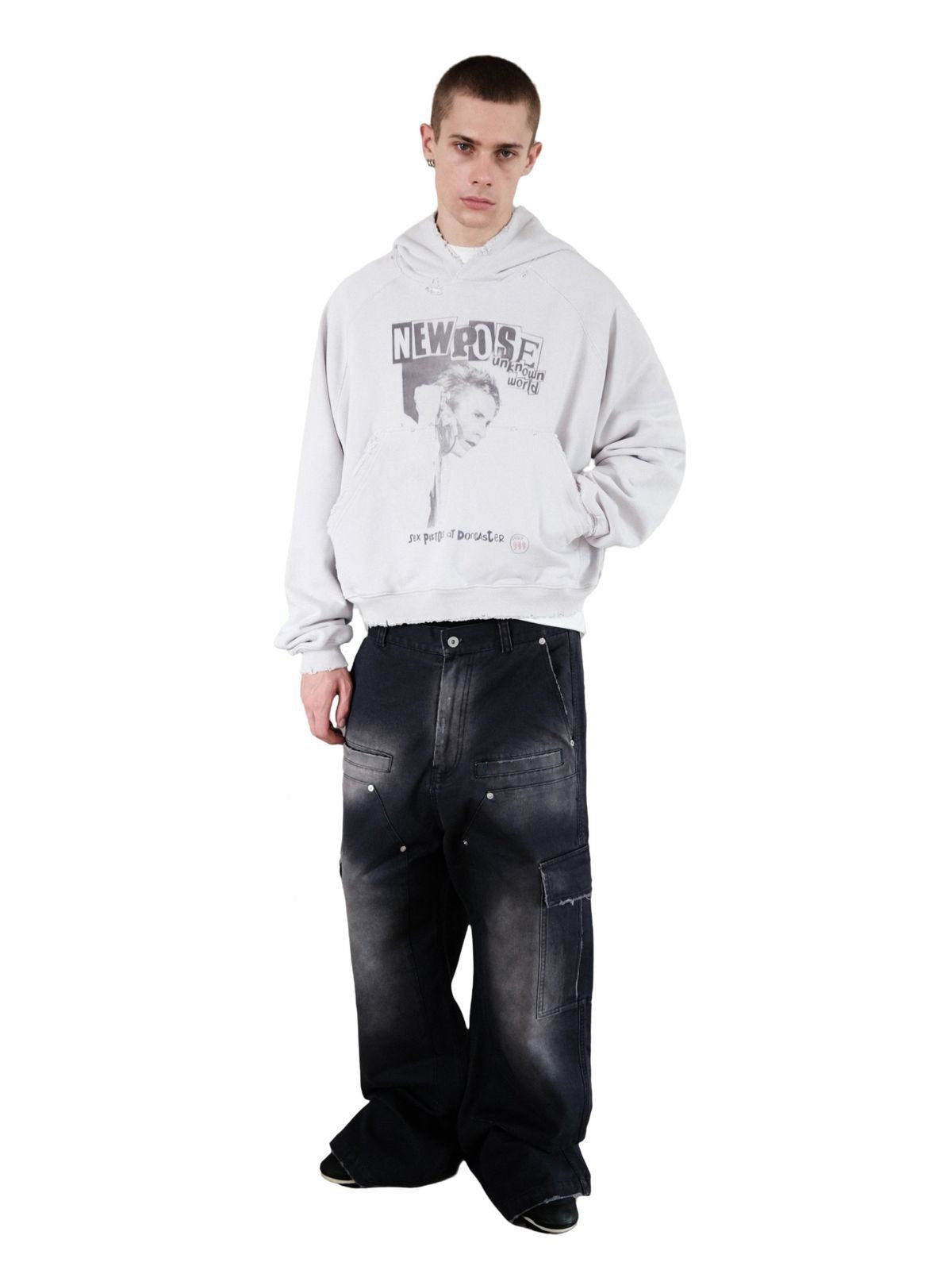 UNKNOWNWORLD Distressed Punk Print Hoodie in Gray - On Model