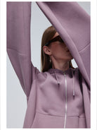 Simple Project Logo Embossed Zip Hoodie in Lavender - On Female Model