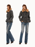 PUKI Herringbone Wool Blend Coat in Gray - On Model