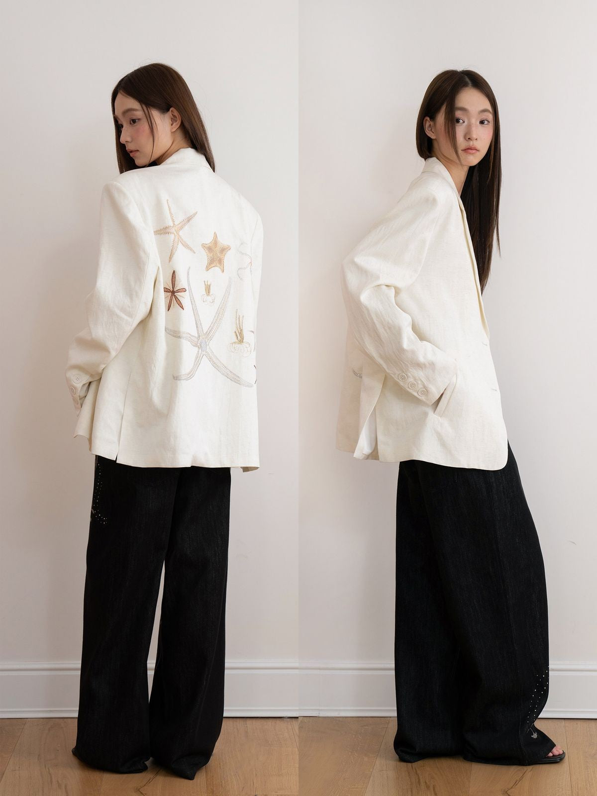 THELIGHT OFFICIAL Rhinestone Starfish Linen Blend Blazer in Apricot - On Model