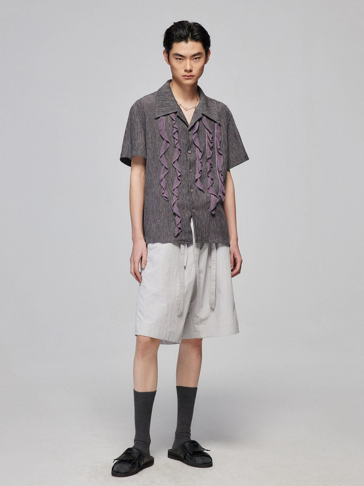 Simple Project Textured Tencel Ruffle Shirt in Gray - On Model