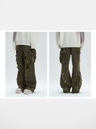 LOSTCTRL Distressed Multi Pocket Cargo Pants in Green - On Model