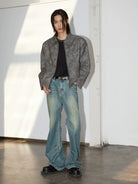 Y OFFICIAL Cropped Matte Faux Leather Jacket in Gray - On Model