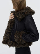 Amee Faux Suede Fur Trim Biker Jacket in Black - On Model
