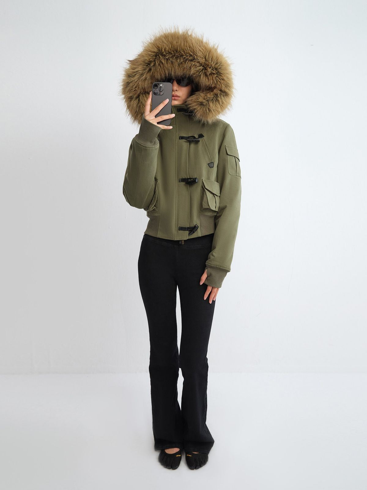 RARELY ALIKE Faux Fur Collar Cropped Jacket in Olive - On Model