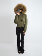 RARELY ALIKE Faux Fur Collar Cropped Jacket in Olive - On Model